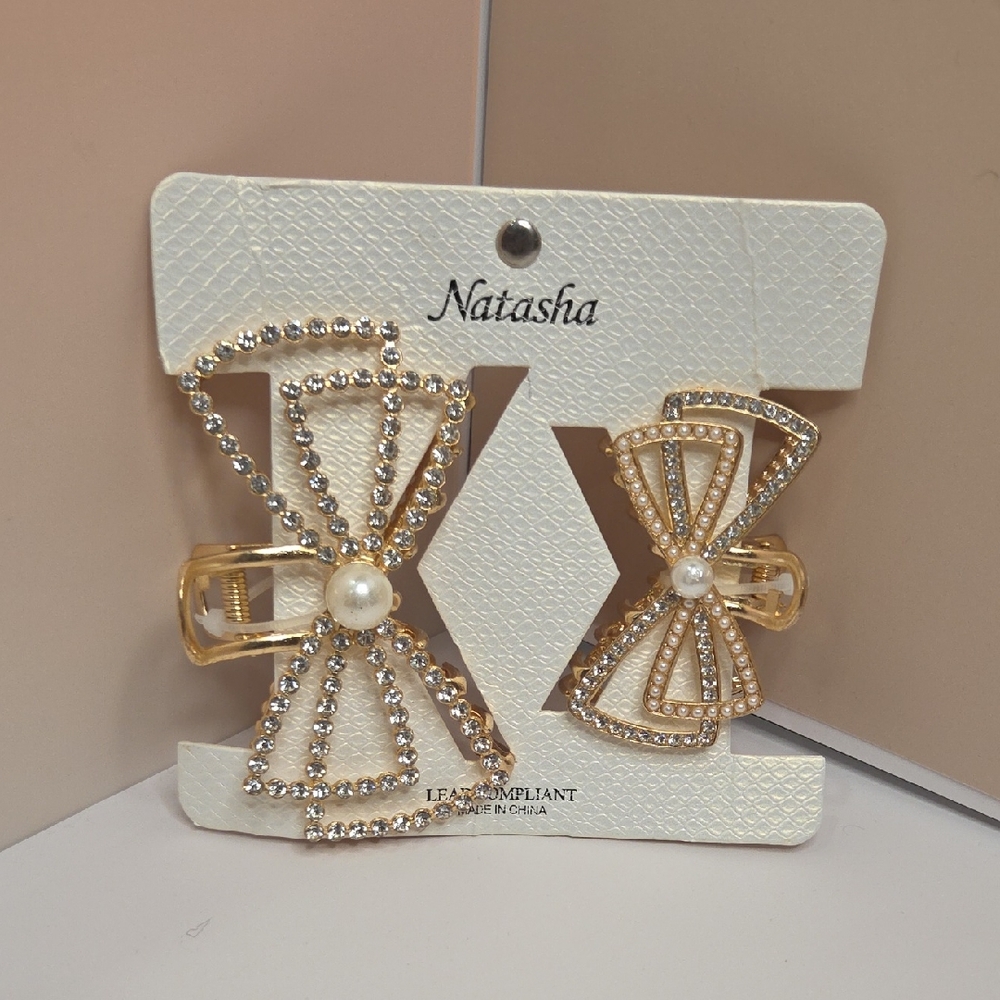Natasha Couture Gold Bow Hair Clips with Pearls and Crystals - Set of 2